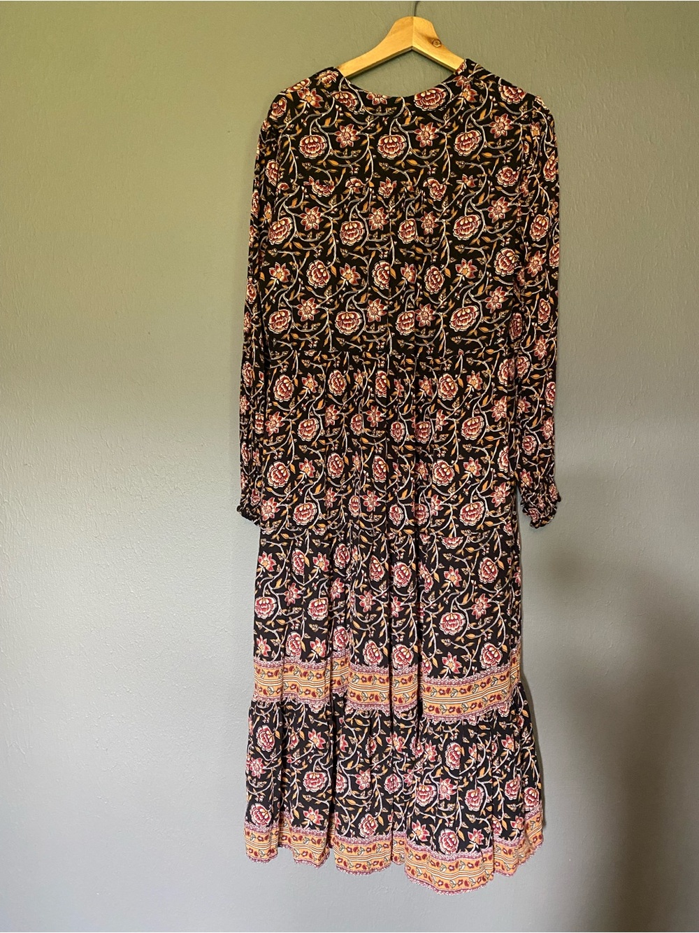 Knox Rose Floral Boho Tiered Maxi Dress Size XL Black Pink Long Sleeve - Picture 8 of 9